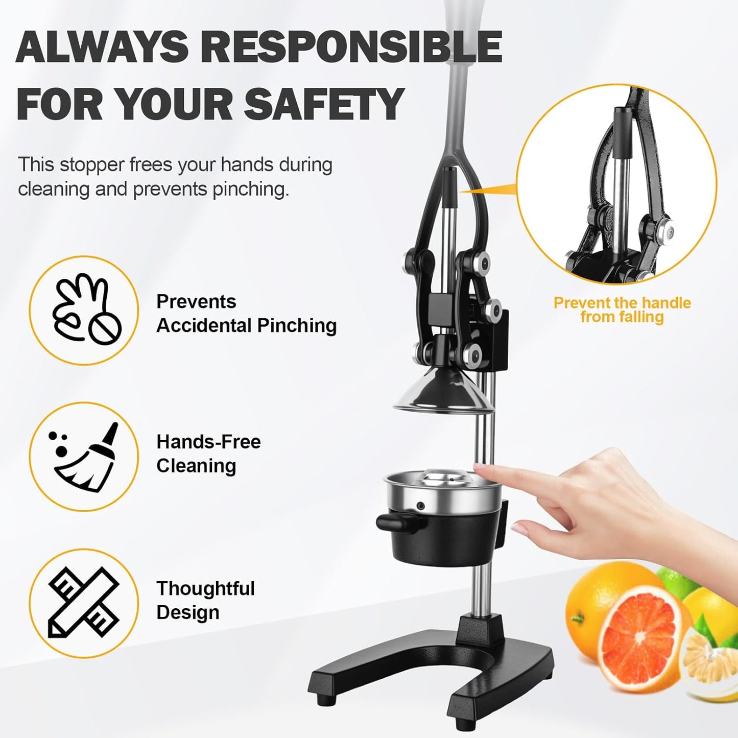 Lemon Squeezer Manual Citrus Juicer Press, Heavy Duty Cast Iron Orange Juicer with Stainless Steel Cone, Commercial Lever Juice Press for Lemon, Lime & Citrus Fruits, Easy to Clean