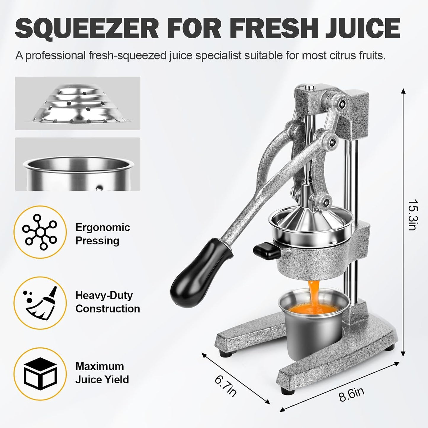 Lemon Squeezer Manual Citrus Juicer Press, Heavy Duty Cast Iron Orange Juicer with Stainless Steel Cone, Commercial Lever Juice Press for Lemon, Lime & Citrus Fruits, Easy to Clean