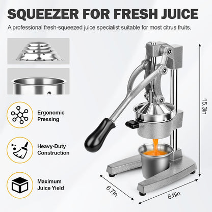 Lemon Squeezer Manual Citrus Juicer Press, Heavy Duty Cast Iron Orange Juicer with Stainless Steel Cone, Commercial Lever Juice Press for Lemon, Lime & Citrus Fruits, Easy to Clean