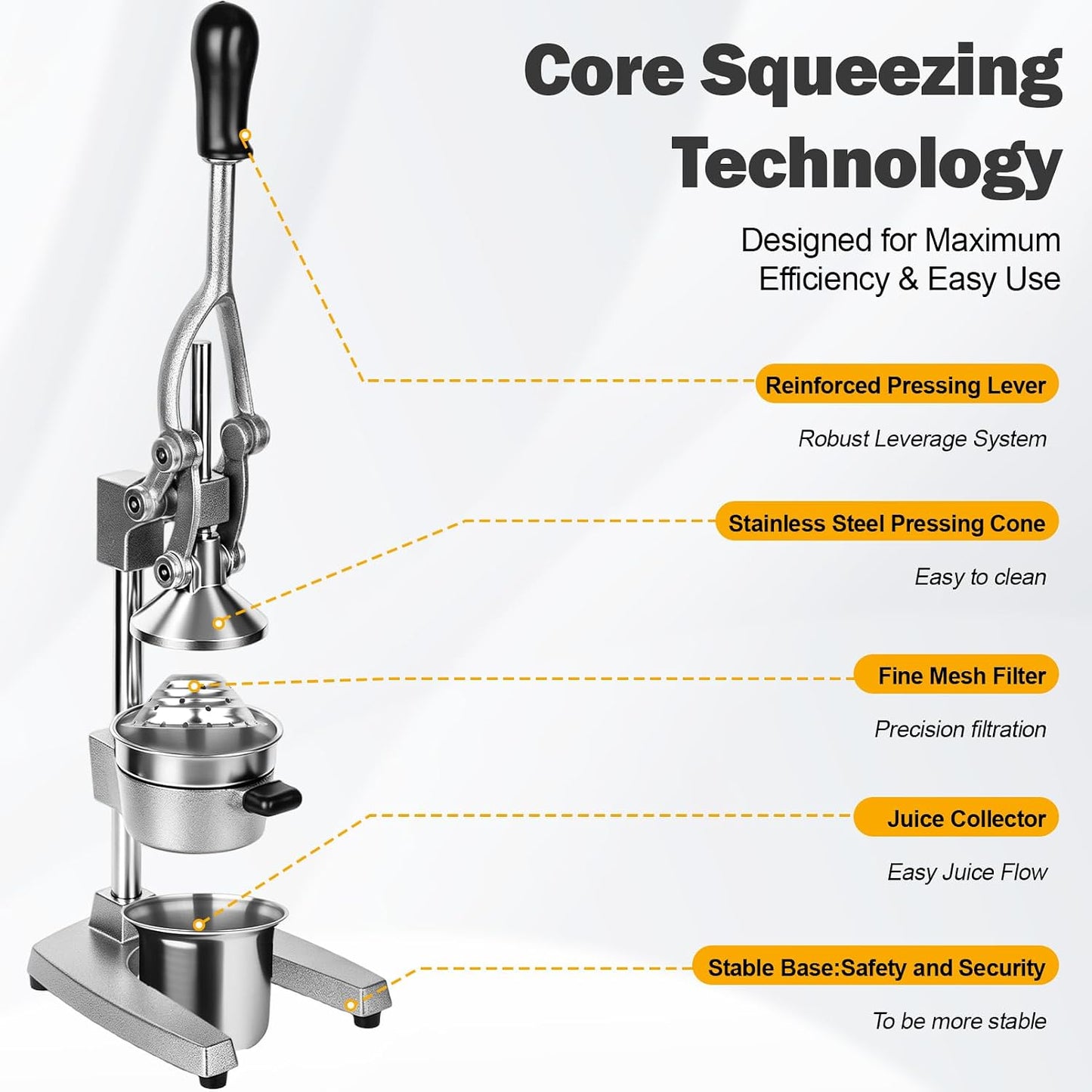 Lemon Squeezer Manual Citrus Juicer Press, Heavy Duty Cast Iron Orange Juicer with Stainless Steel Cone, Commercial Lever Juice Press for Lemon, Lime & Citrus Fruits, Easy to Clean