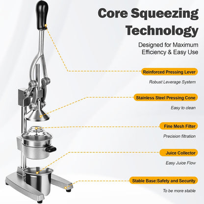 Lemon Squeezer Manual Citrus Juicer Press, Heavy Duty Cast Iron Orange Juicer with Stainless Steel Cone, Commercial Lever Juice Press for Lemon, Lime & Citrus Fruits, Easy to Clean
