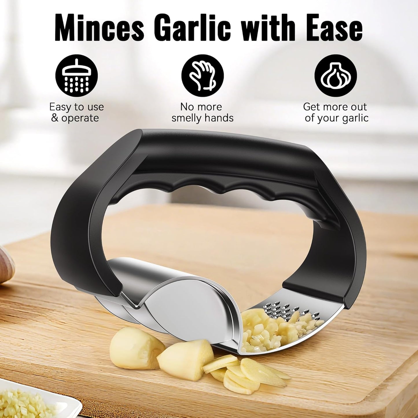 Garlic Press Rocker - Stainless Steel Garlic Crusher, 2-in-1 Easy Kitchen Gadget for Effortless Smashing