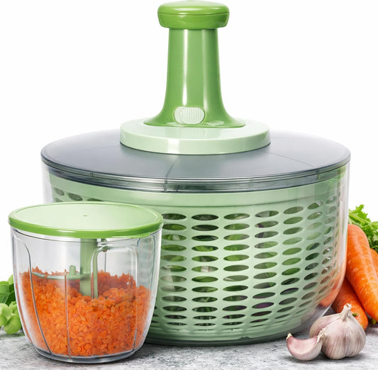 Salad Spinner and Chopper Combo: Large 6.34-Quart Lettuce Greens Vegetable Washer Dryer with Bonus 0.95-Quart Push Veggie Chopper Mixer, Storage Lids, Collapsible, No Electricity, Easy Prep