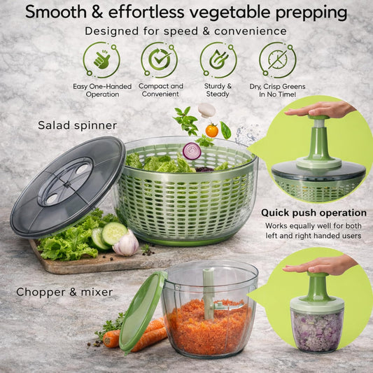 Salad Spinner and Chopper Combo: Large 6.34-Quart Lettuce Greens Vegetable Washer Dryer with Bonus 0.95-Quart Push Veggie Chopper Mixer, Storage Lids, Collapsible, No Electricity, Easy Prep