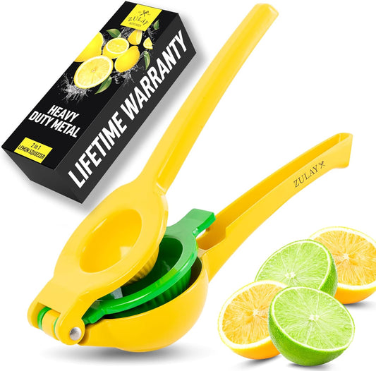 Zulay Metal 2-In-1 Lemon Squeezer Manual - Sturdy, Max Extraction Hand Juicer Lemon Squeezer Gets Every Last Drop - Easy to Clean & Use Citrus Juicer-Yellow/Green