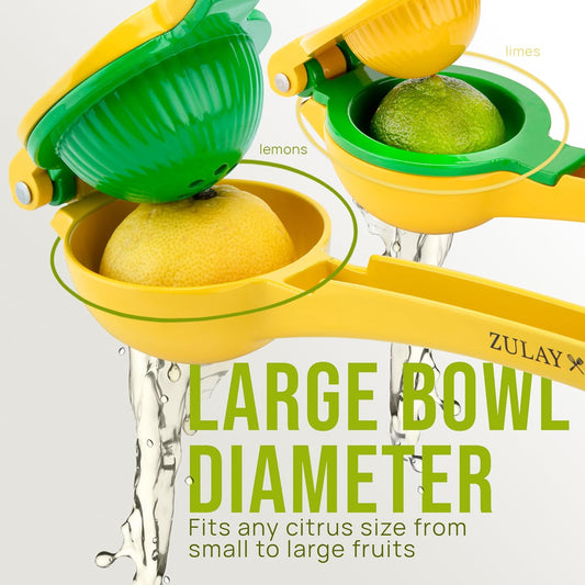Zulay Metal 2-In-1 Lemon Squeezer Manual - Sturdy, Max Extraction Hand Juicer Lemon Squeezer Gets Every Last Drop - Easy to Clean & Use Citrus Juicer-Yellow/Green