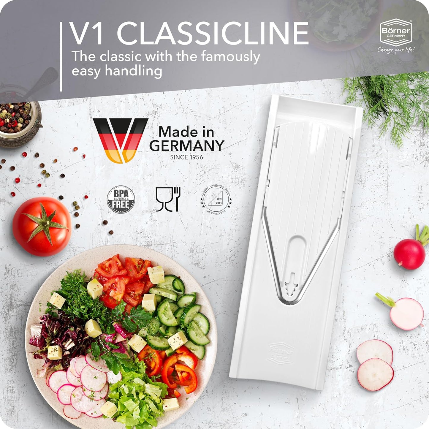 Mandoline Food Slicer V1 (Profi Set) by Reston Lloyd • V-Slicer with 4 Inserts, Docking Station & Food Holder • Made in Germany • Fruit & Vegetable Chopper • Multiple Settings • Color: White