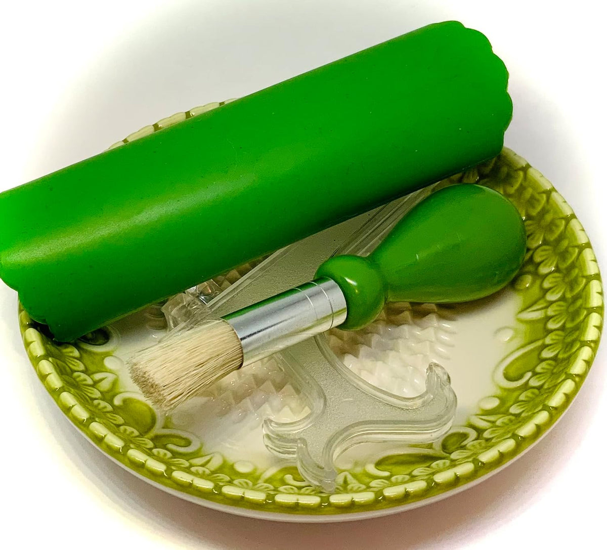 Premium Ceramic Garlic Grater Plate Set - Green Embossed