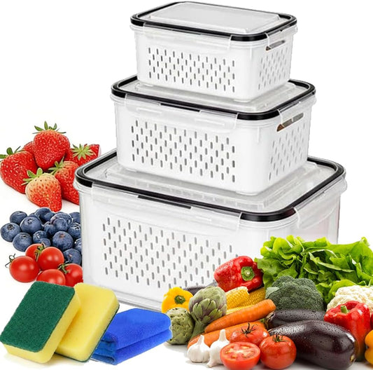 4 In 1 Food Storage Container, Fruit Storage Containers for Fridge, Produce Saver Containers, Refrigerator Fruit Washing Bowl With Strainer for Fridge Keep Fresh (Grey, 2-Piece M)