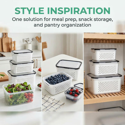 4 In 1 Food Storage Container, Fruit Storage Containers for Fridge, Produce Saver Containers, Refrigerator Fruit Washing Bowl With Strainer for Fridge Keep Fresh (Grey, 2-Piece M)
