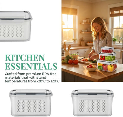 4 In 1 Food Storage Container, Fruit Storage Containers for Fridge, Produce Saver Containers, Refrigerator Fruit Washing Bowl With Strainer for Fridge Keep Fresh (Grey, 2-Piece M)