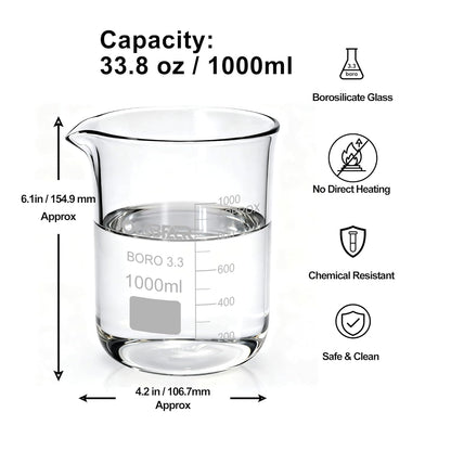 JOLABEAR Glass Beaker Set - 7 Size -10ml 25ml 50ml 100ml 250ml 500ml 1000ml, 3.3 Boro Griffin Low Form Lab Beakers with Printed Graduation
