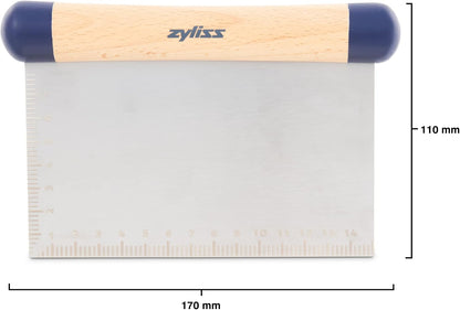 E980213 Bench Scraper, 11cm/4.5in, Stainless Steel/Wood, Separate, Scrape, Cut Pizza/Cookie Dough/Cakes/Bakes/Vegetables, Meaurements on Blade cm/in