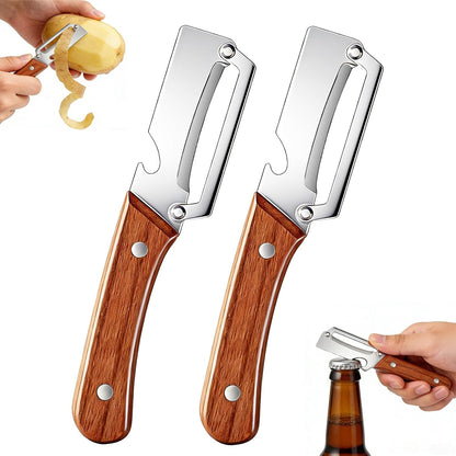 2Pcs Multi-Functional Vegetable Peeler,Wooden Kitchen Tool with Bottle Opener,Ultra-Sharp Stainless Steel Peelers for For Vegetables Fruits