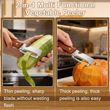 2Pcs Multi-Functional Vegetable Peeler,Wooden Kitchen Tool with Bottle Opener,Ultra-Sharp Stainless Steel Peelers for For Vegetables Fruits