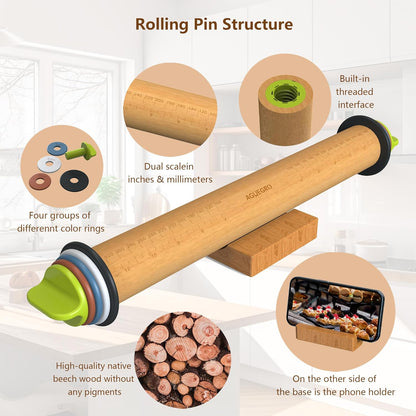 Rolling Pin with Adjustable Thickness Ring, Dough Thickness for Baking, Fondant, Pizza, Crust, Cookies, Pastry, 13.6'' Wooden Rolling Pin with 4 Multi-Color Thickness Rings