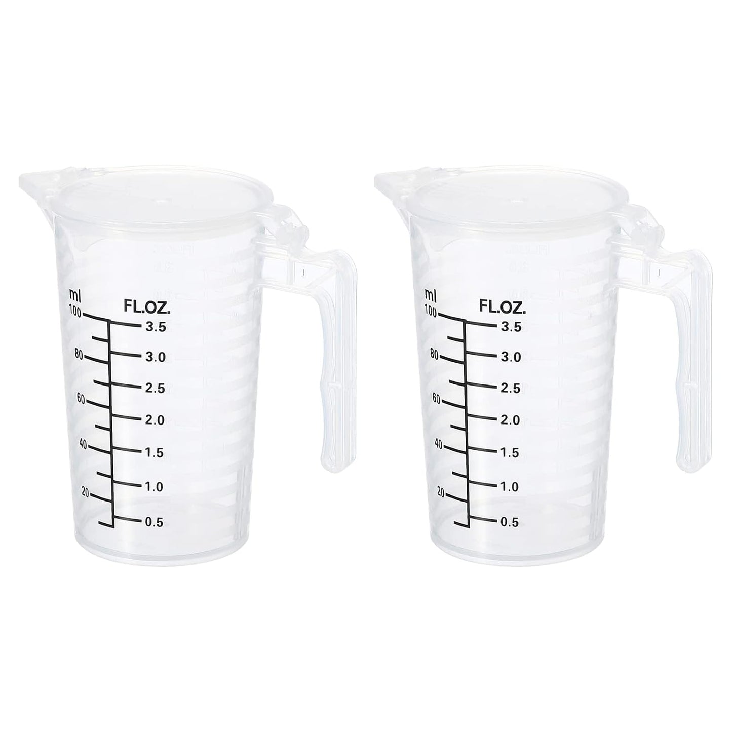 Graduated Beaker, 2 Pack 100ml PP Plastic Liquid Measuring Cup Double Sided Black Graduations with Handle Lid and Spout for Lab Kitchen Home