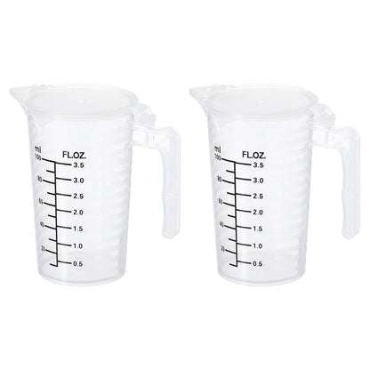 Graduated Beaker, 2 Pack 100ml PP Plastic Liquid Measuring Cup Double Sided Black Graduations with Handle Lid and Spout for Lab Kitchen Home