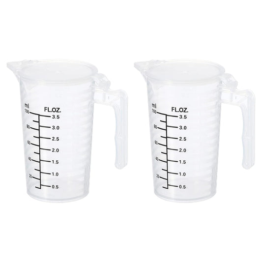 Graduated Beaker, 2 Pack 100ml PP Plastic Liquid Measuring Cup Double Sided Black Graduations with Handle Lid and Spout for Lab Kitchen Home
