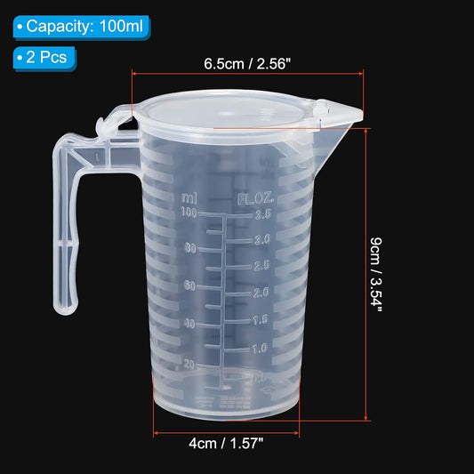 Graduated Beaker, 2 Pack 100ml PP Plastic Liquid Measuring Cup Double Sided Black Graduations with Handle Lid and Spout for Lab Kitchen Home