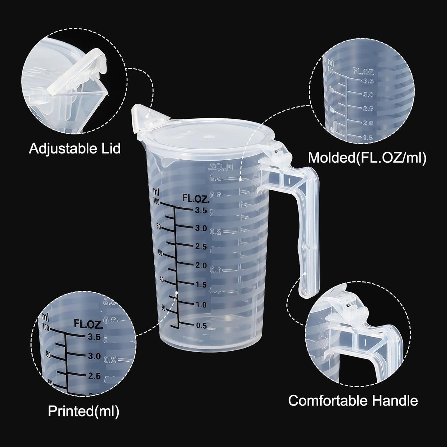 Graduated Beaker, 2 Pack 100ml PP Plastic Liquid Measuring Cup Double Sided Black Graduations with Handle Lid and Spout for Lab Kitchen Home