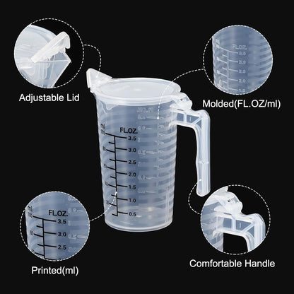 Graduated Beaker, 2 Pack 100ml PP Plastic Liquid Measuring Cup Double Sided Black Graduations with Handle Lid and Spout for Lab Kitchen Home