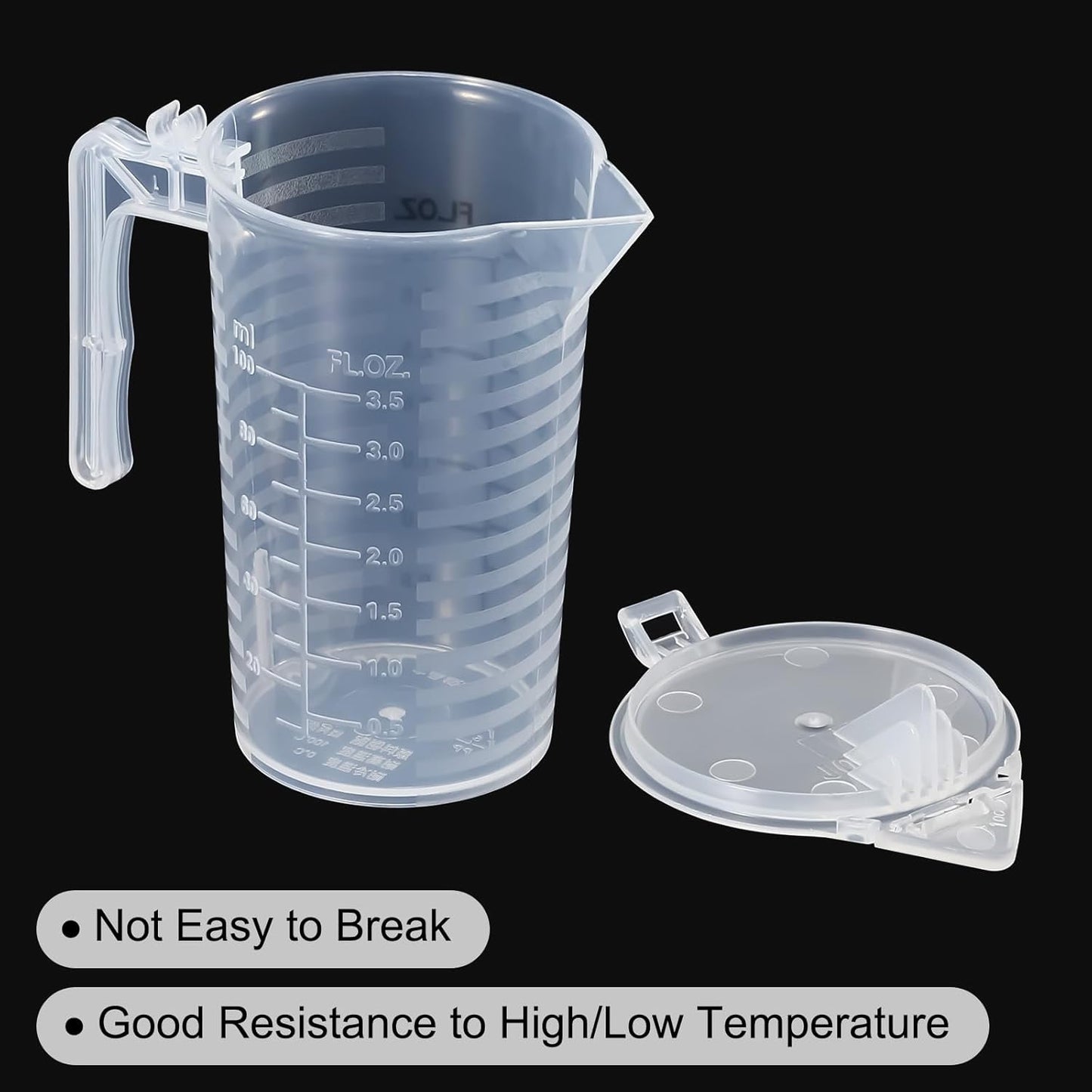 Graduated Beaker, 2 Pack 100ml PP Plastic Liquid Measuring Cup Double Sided Black Graduations with Handle Lid and Spout for Lab Kitchen Home