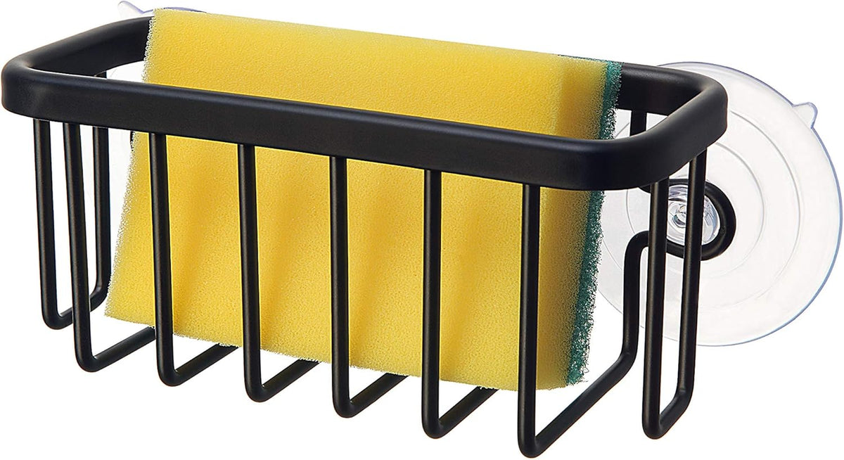 NeverRust Kitchen & Bathroom Sink Caddy for Sponges, Scrubbers, Soap, 6" x 2.5" x 2.65", with Adhesive Mount - Additional Suction Cup Included –Aluminum (Black)