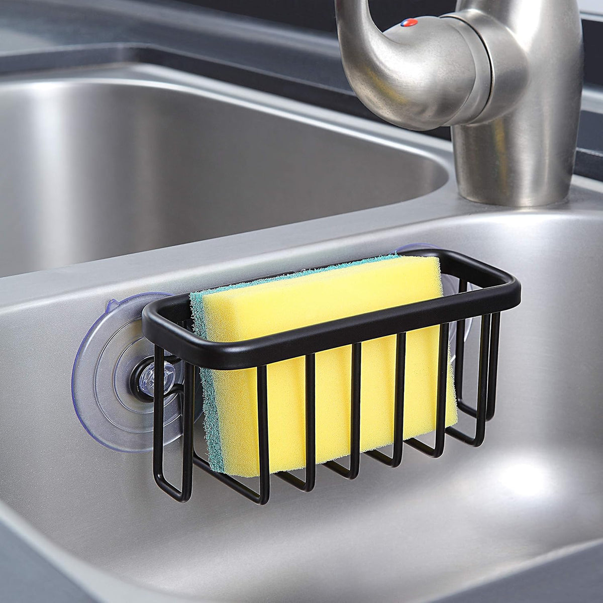NeverRust Kitchen & Bathroom Sink Caddy for Sponges, Scrubbers, Soap, 6" x 2.5" x 2.65", with Adhesive Mount - Additional Suction Cup Included –Aluminum (Black)