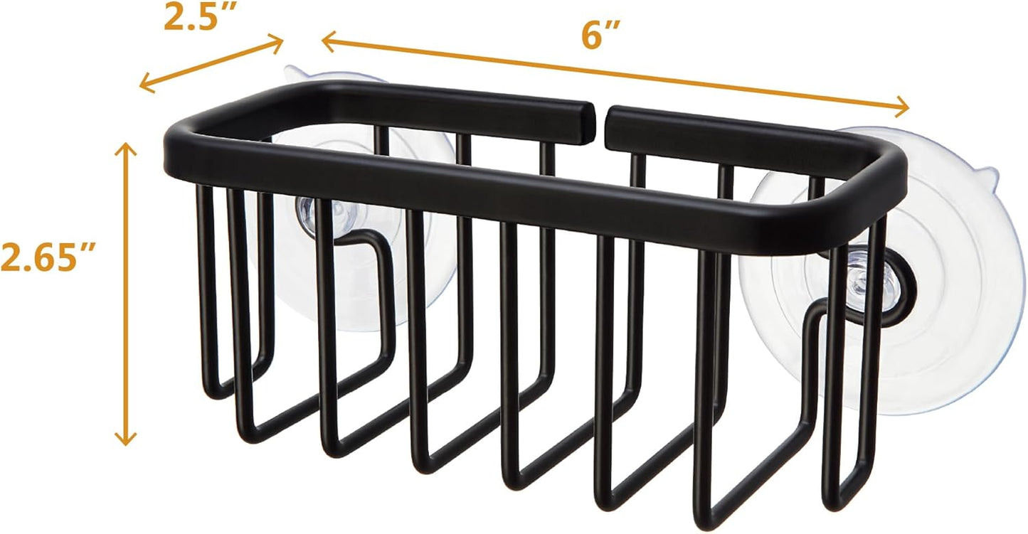 NeverRust Kitchen & Bathroom Sink Caddy for Sponges, Scrubbers, Soap, 6" x 2.5" x 2.65", with Adhesive Mount - Additional Suction Cup Included –Aluminum (Black)