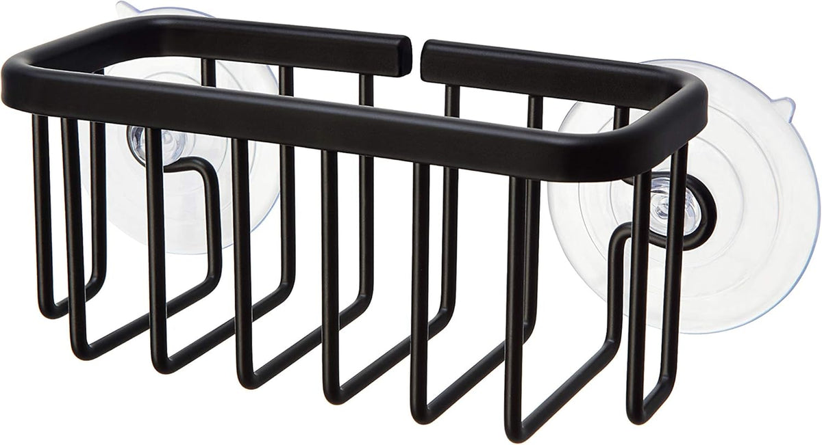 NeverRust Kitchen & Bathroom Sink Caddy for Sponges, Scrubbers, Soap, 6" x 2.5" x 2.65", with Adhesive Mount - Additional Suction Cup Included –Aluminum (Black)