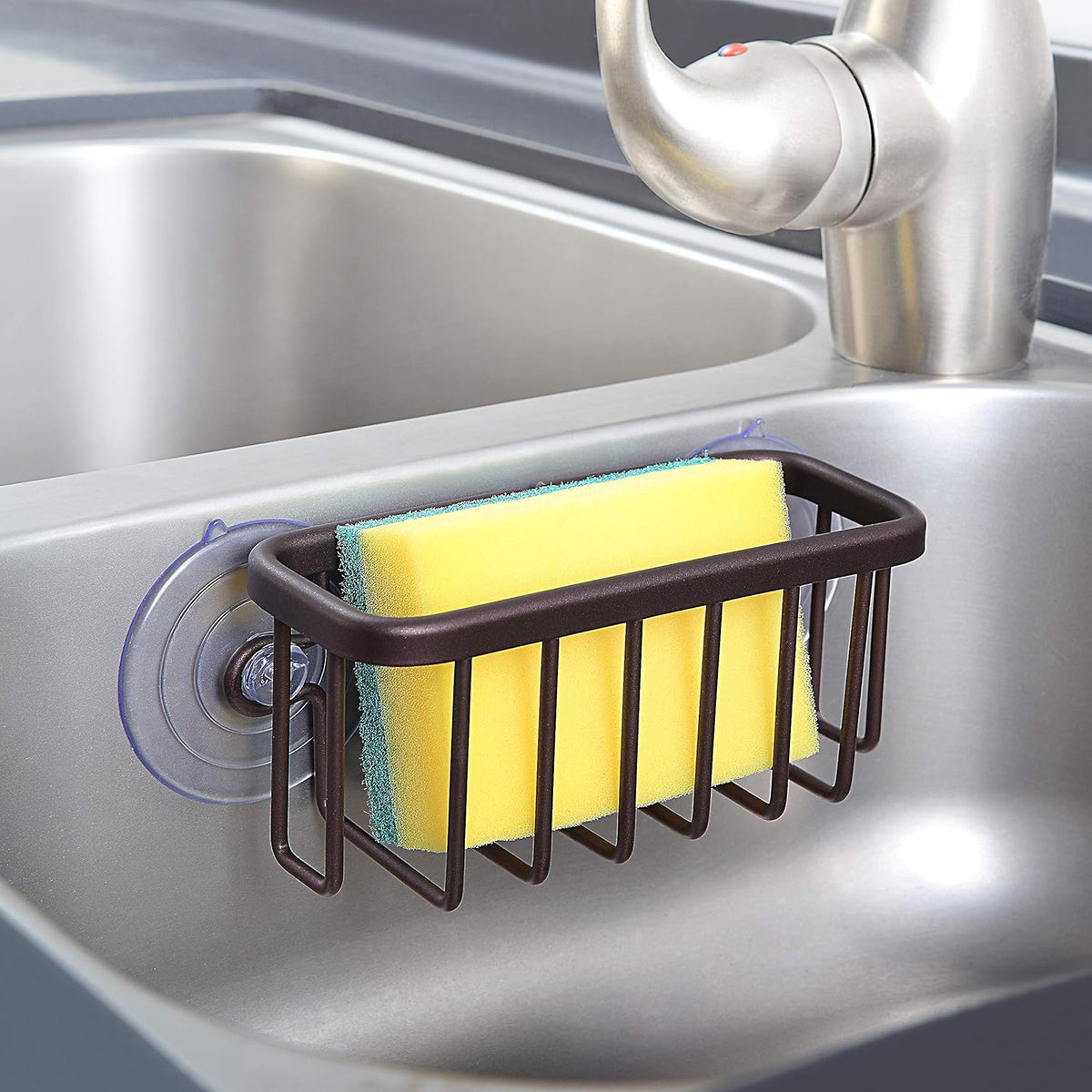 NeverRust Kitchen & Bathroom Sink Caddy for Sponges, Scrubbers, Soap, 6" x 2.5" x 2.65", with Adhesive Mount - Additional Suction Cup Included –Aluminum (Black)