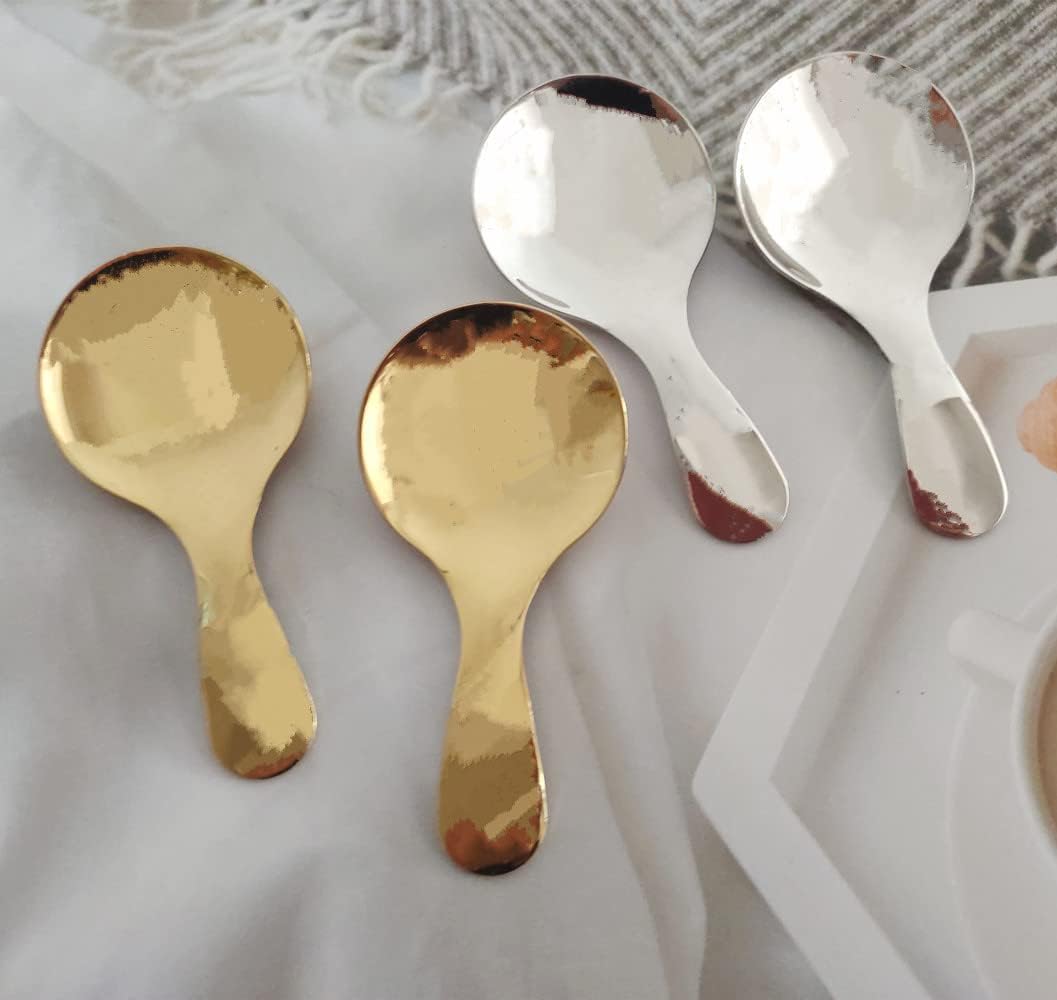 4pcs Stainless Steel Mini Scoop for Canisters with Short Handle, Gold Silver Mini Feed Spoon for Ice Cream Melon Baller, Short Handle Spoon for Tea Sugar Salt Condiments Dessert