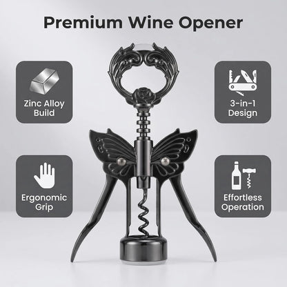 Wine Opener, 3 in 1 Zinc Alloy Premium Wing Corkscrew Wine Bottle Opener with Multifunctional Bottles Opener and Serrated Foil Cutter for Wine and Beer (Black)
