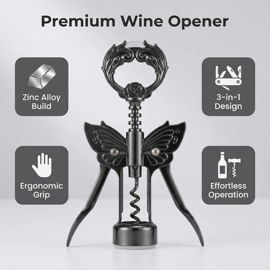 Wine Opener, 3 in 1 Zinc Alloy Premium Wing Corkscrew Wine Bottle Opener with Multifunctional Bottles Opener and Serrated Foil Cutter for Wine and Beer (Black)