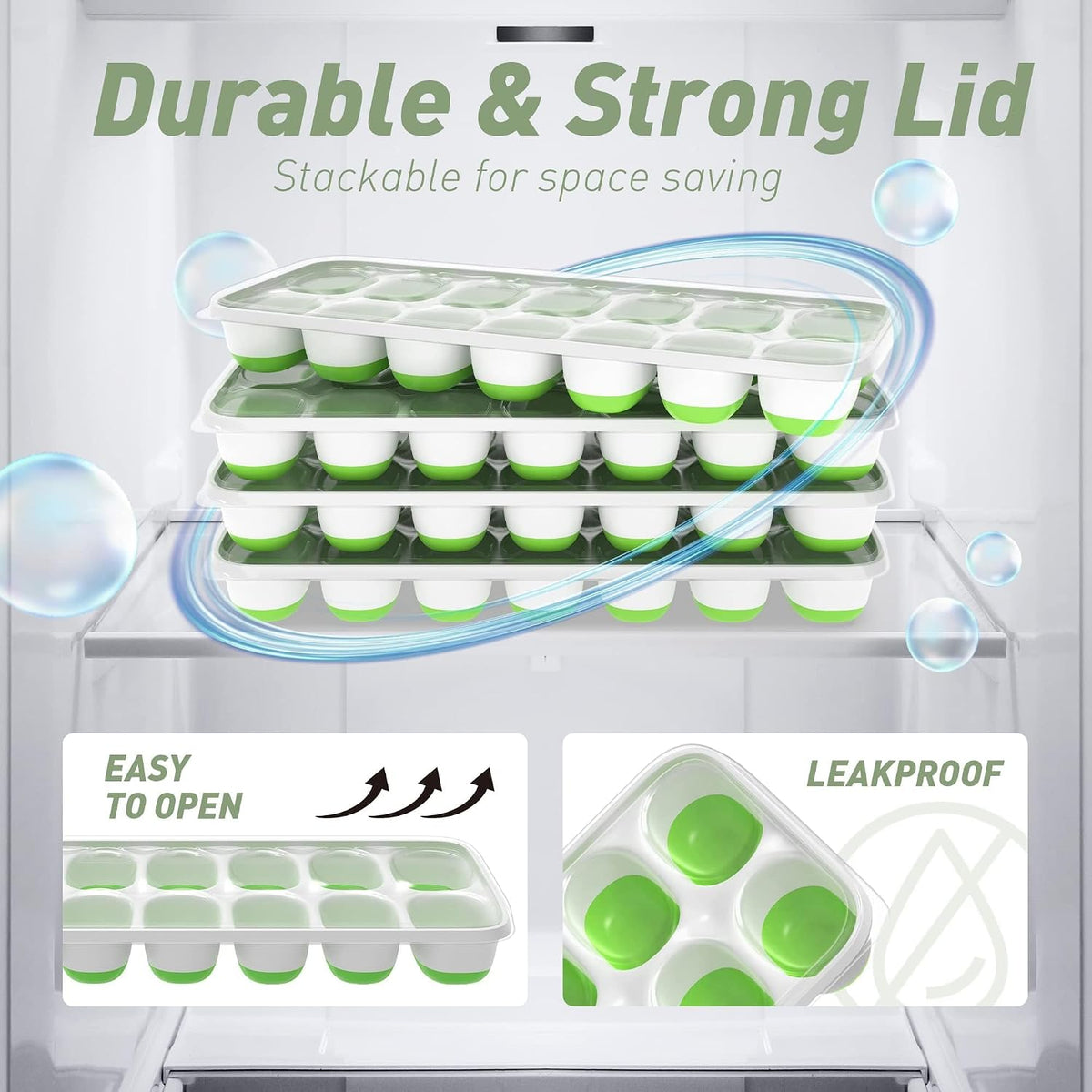 Ice Cube Tray with Lid and Bin, 3‑Pack Freezer Ice Cube Tray