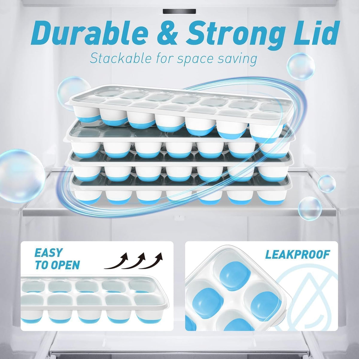 Ice Cube Tray with Lid and Bin, 3‑Pack Freezer Ice Cube Tray