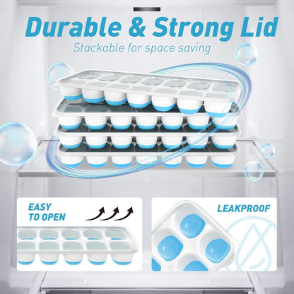 Ice Cube Tray with Lid and Bin, 3‑Pack Freezer Ice Cube Tray