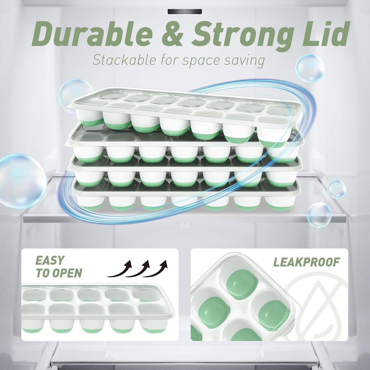Ice Cube Tray with Lid and Bin, 3‑Pack Freezer Ice Cube Tray