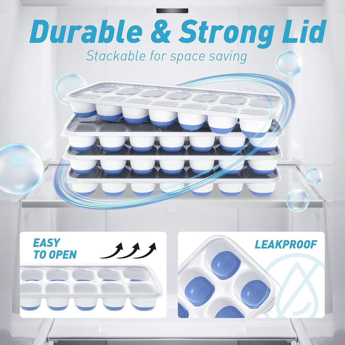 Ice Cube Tray with Lid and Bin, 3‑Pack Freezer Ice Cube Tray