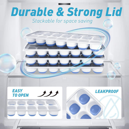 Ice Cube Tray with Lid and Bin, 3‑Pack Freezer Ice Cube Tray