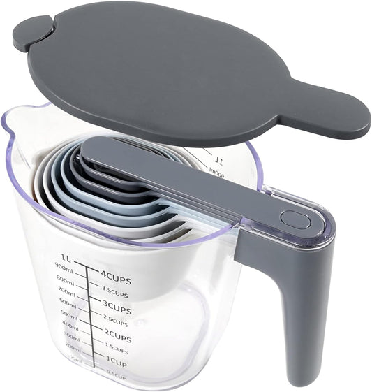 Stackable 10-Piece Measuring Cups and Spoons Set with Lids | BPA-free & dishwasher safe. Kitchen gadgets for cooking & baking. Dust-proof nested utensils for dry or liquid food.