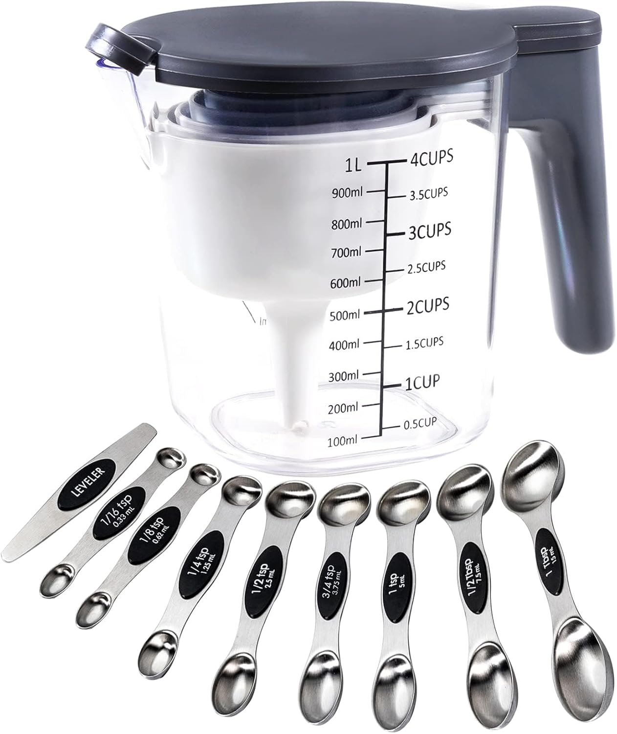 Stackable 10-Piece Measuring Cups and Spoons Set with Lids | BPA-free & dishwasher safe. Kitchen gadgets for cooking & baking. Dust-proof nested utensils for dry or liquid food.
