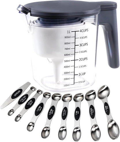 Stackable 10-Piece Measuring Cups and Spoons Set with Lids | BPA-free & dishwasher safe. Kitchen gadgets for cooking & baking. Dust-proof nested utensils for dry or liquid food.
