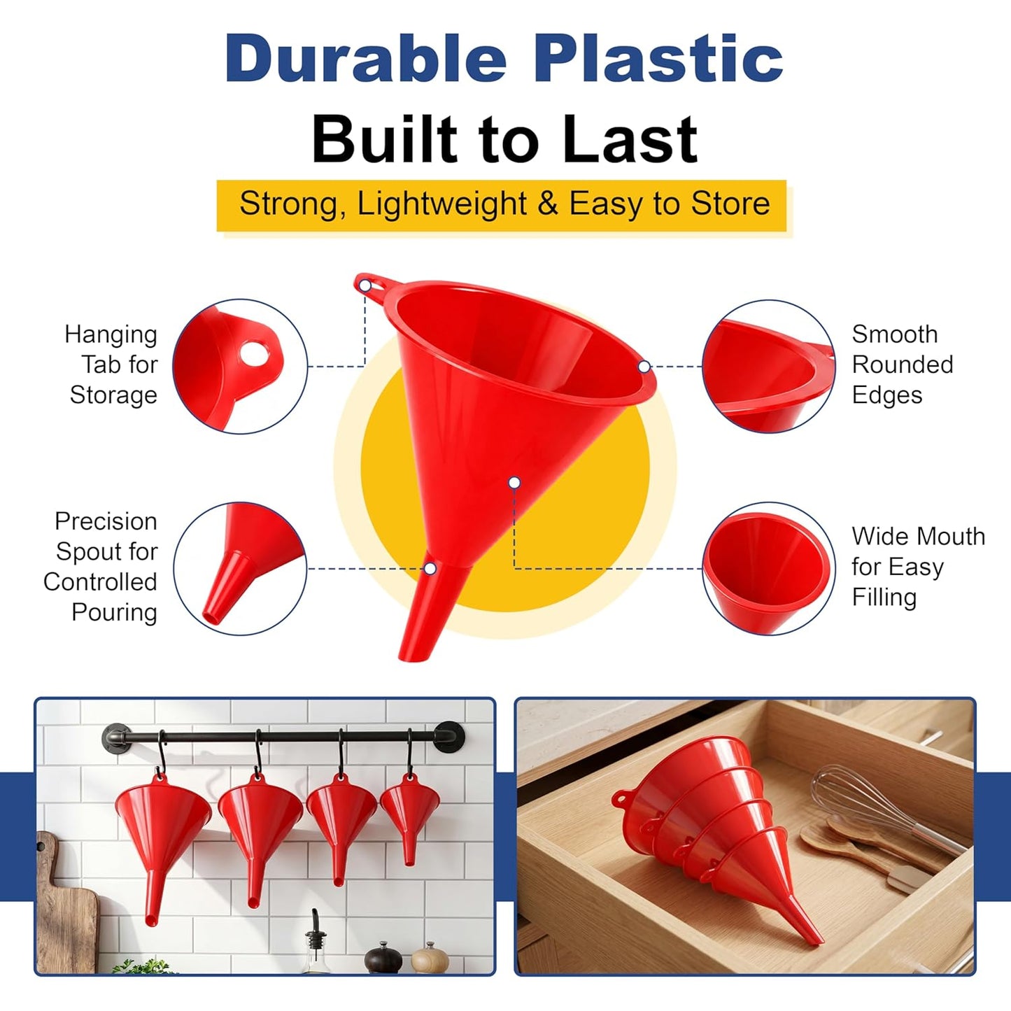 4Pcs All Purpose Plastic Funnel Set, Funnels for Kitchen & Automotive Use, Small to Large Funnels for Filling Bottles, Liquid Spices Powder Funnel for Small Bottles Cosmetic Lotion Essential Oil