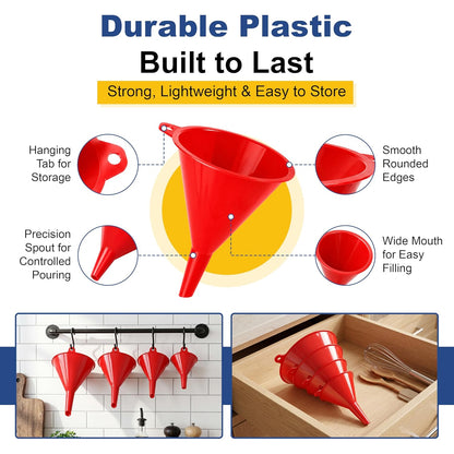 4Pcs All Purpose Plastic Funnel Set, Funnels for Kitchen & Automotive Use, Small to Large Funnels for Filling Bottles, Liquid Spices Powder Funnel for Small Bottles Cosmetic Lotion Essential Oil