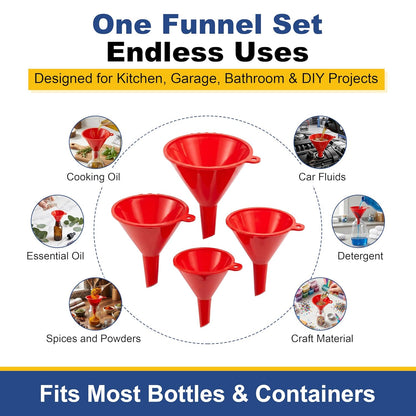 4Pcs All Purpose Plastic Funnel Set, Funnels for Kitchen & Automotive Use, Small to Large Funnels for Filling Bottles, Liquid Spices Powder Funnel for Small Bottles Cosmetic Lotion Essential Oil