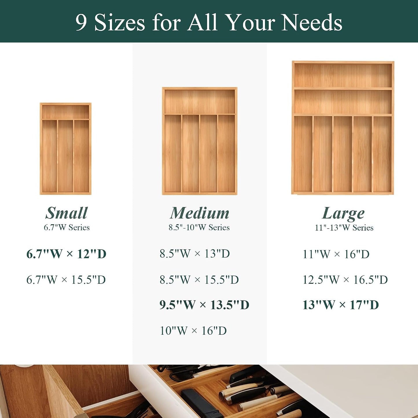 Bamboo Silverware Organizer, Kitchen Drawer Organizer, Utensil Holder, Cutlery Tray & Spoon Flatware Storage with Grooved Drawer Dividers (9.5''W x 13.5''D)