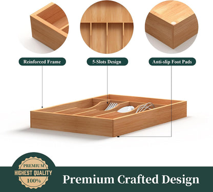 Bamboo Silverware Organizer, Kitchen Drawer Organizer, Utensil Holder, Cutlery Tray & Spoon Flatware Storage with Grooved Drawer Dividers (9.5''W x 13.5''D)