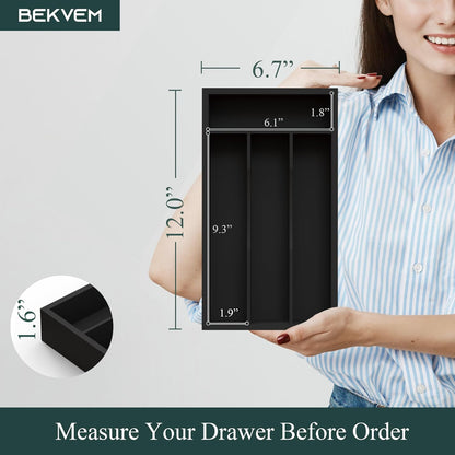 Bamboo Silverware Organizer, Kitchen Drawer Organizer, Utensil Holder, Cutlery Tray & Spoon Flatware Storage with Grooved Drawer Dividers (9.5''W x 13.5''D)
